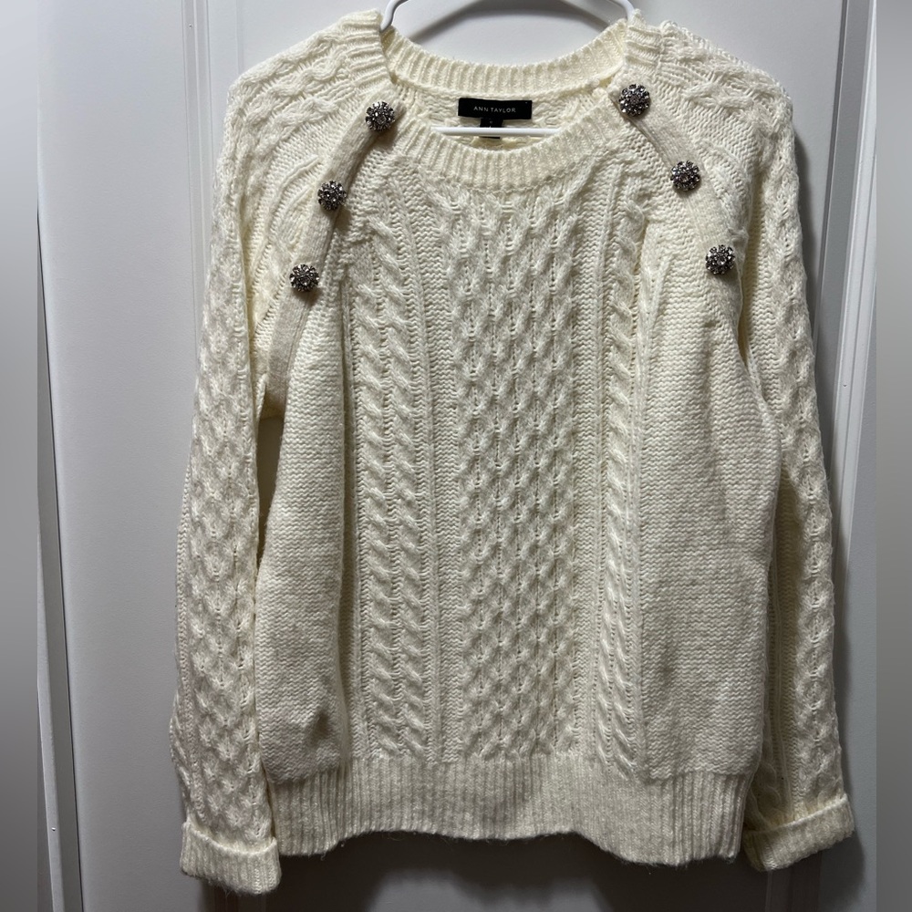 Ann Taylor Cream Cable Knit Sweater with Diamond Button Details